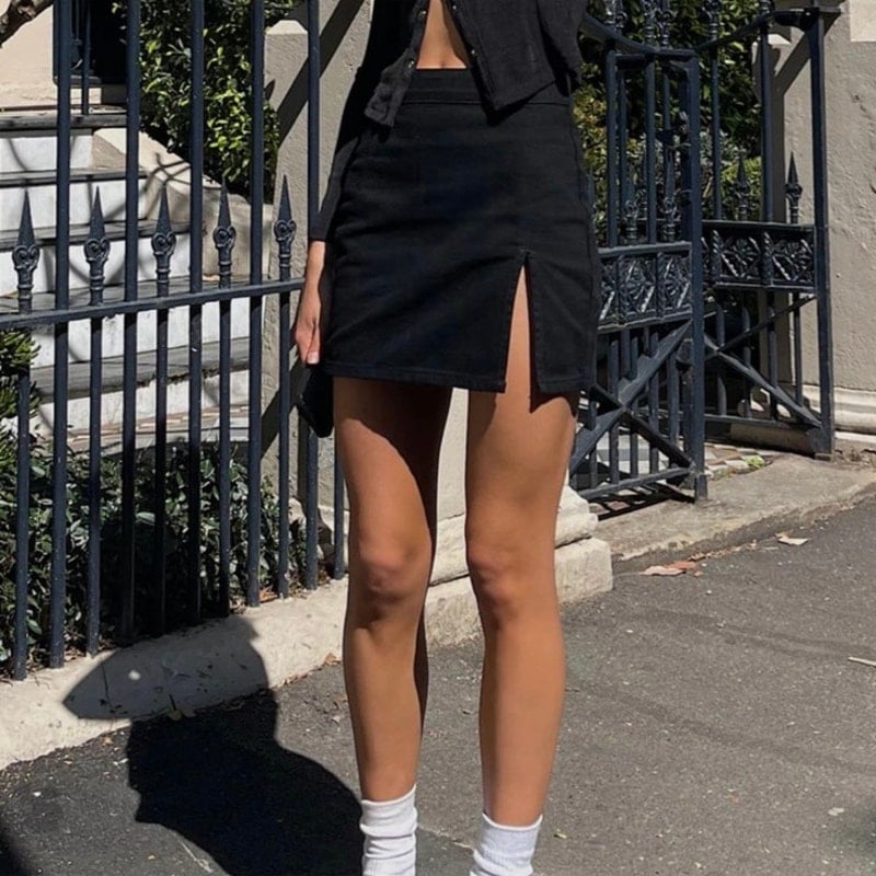 Nwt Lioness Lola Mini Skirt Black Size Us 6 Medium Front Slit Cotton Stretch
